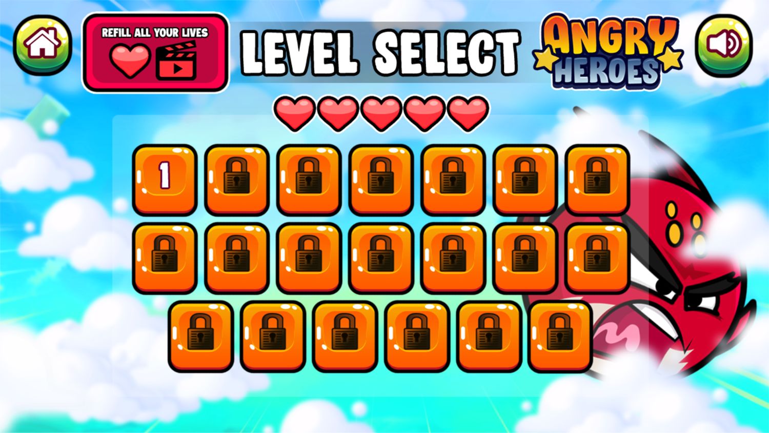 Angry Heroes Game Level Select Screenshot.