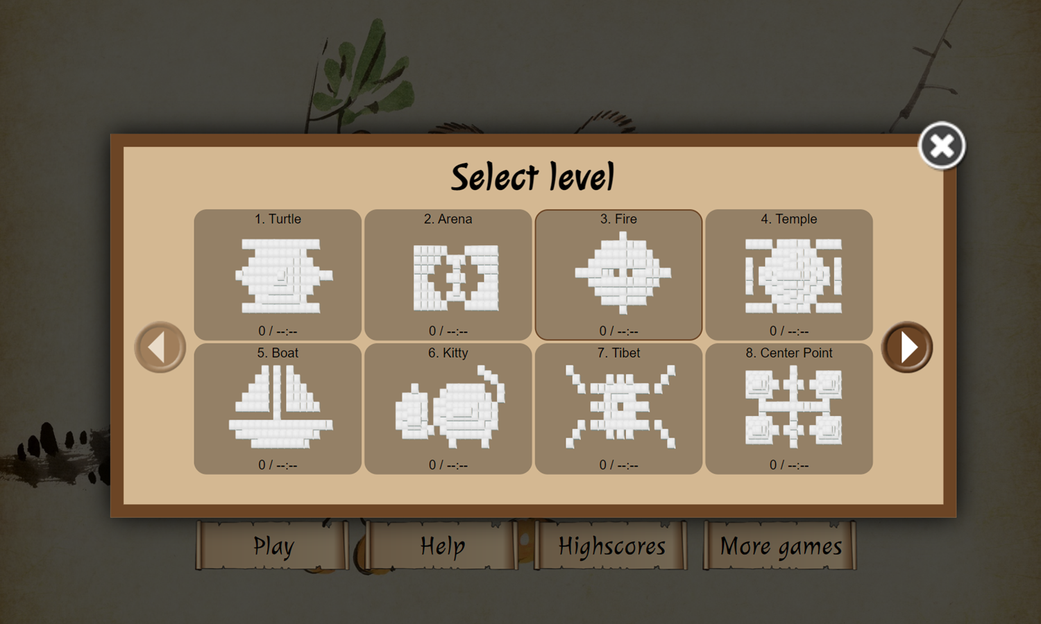 Mahjongg Game Select Level Screenshot.