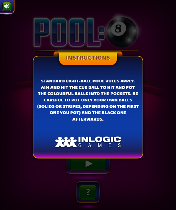 Pool 8 Ball Mania Game Instructions Screenshot.
