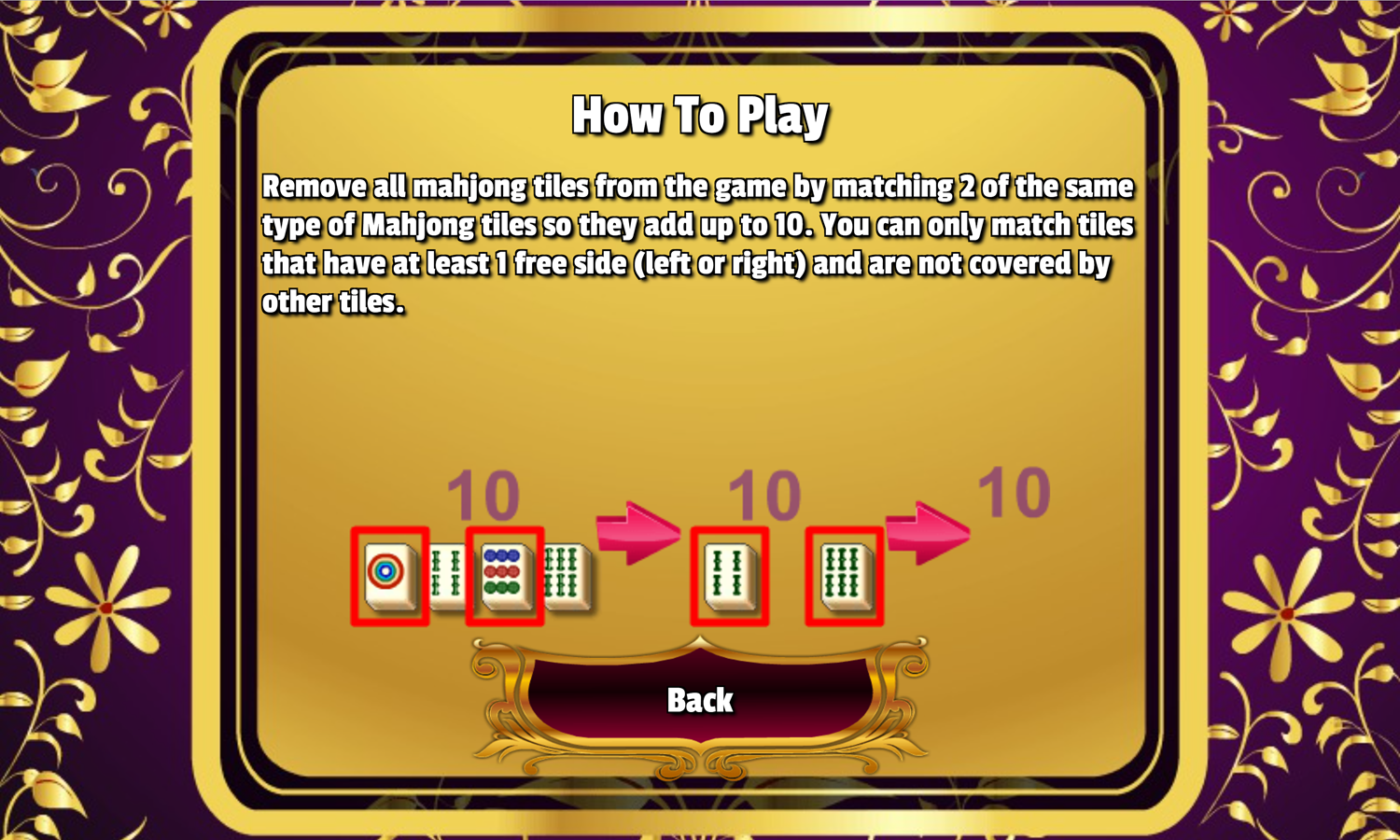 10 Mahjong Game Help Screen Screenshot.