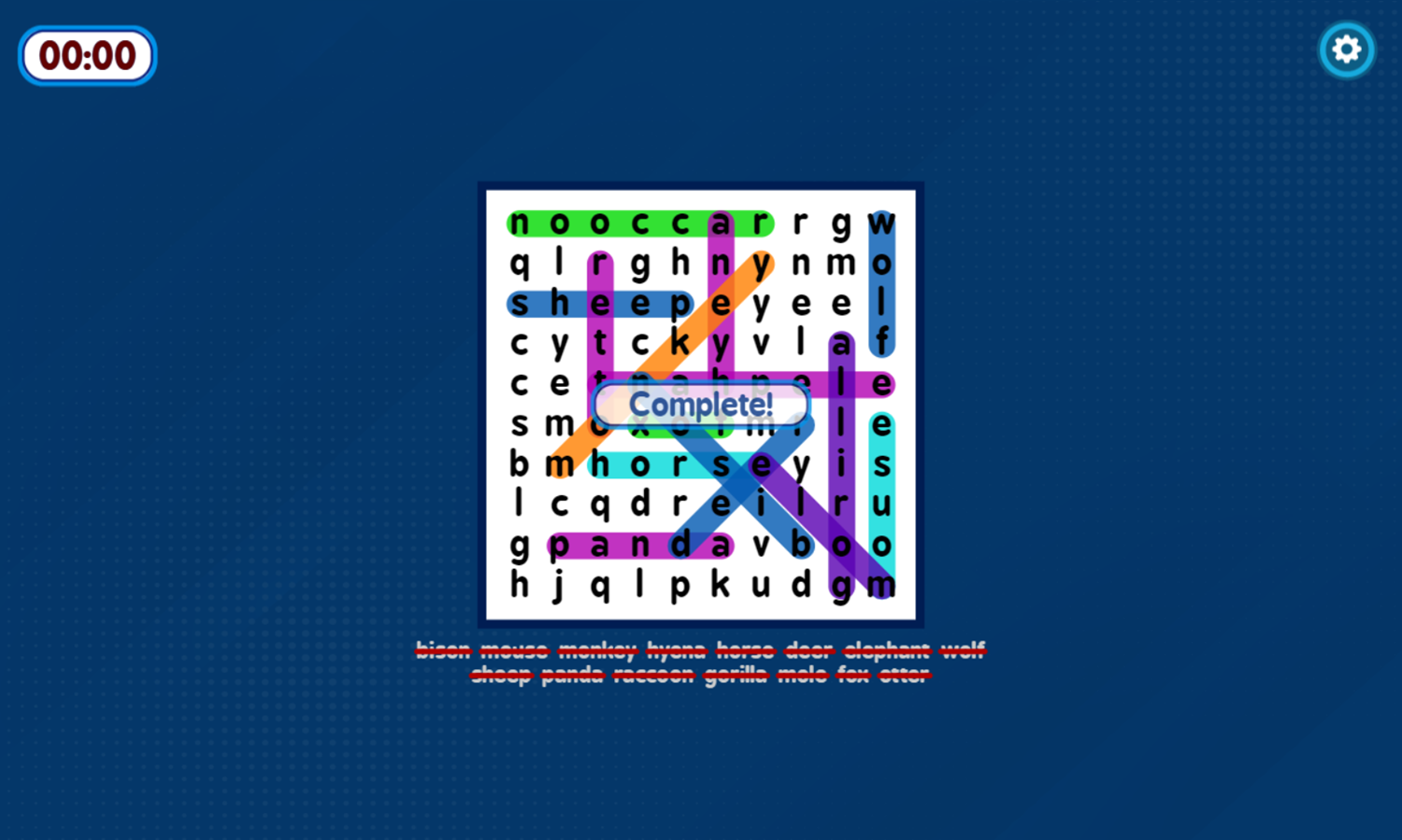 2 Player Word Search Game Complete Screenshot.