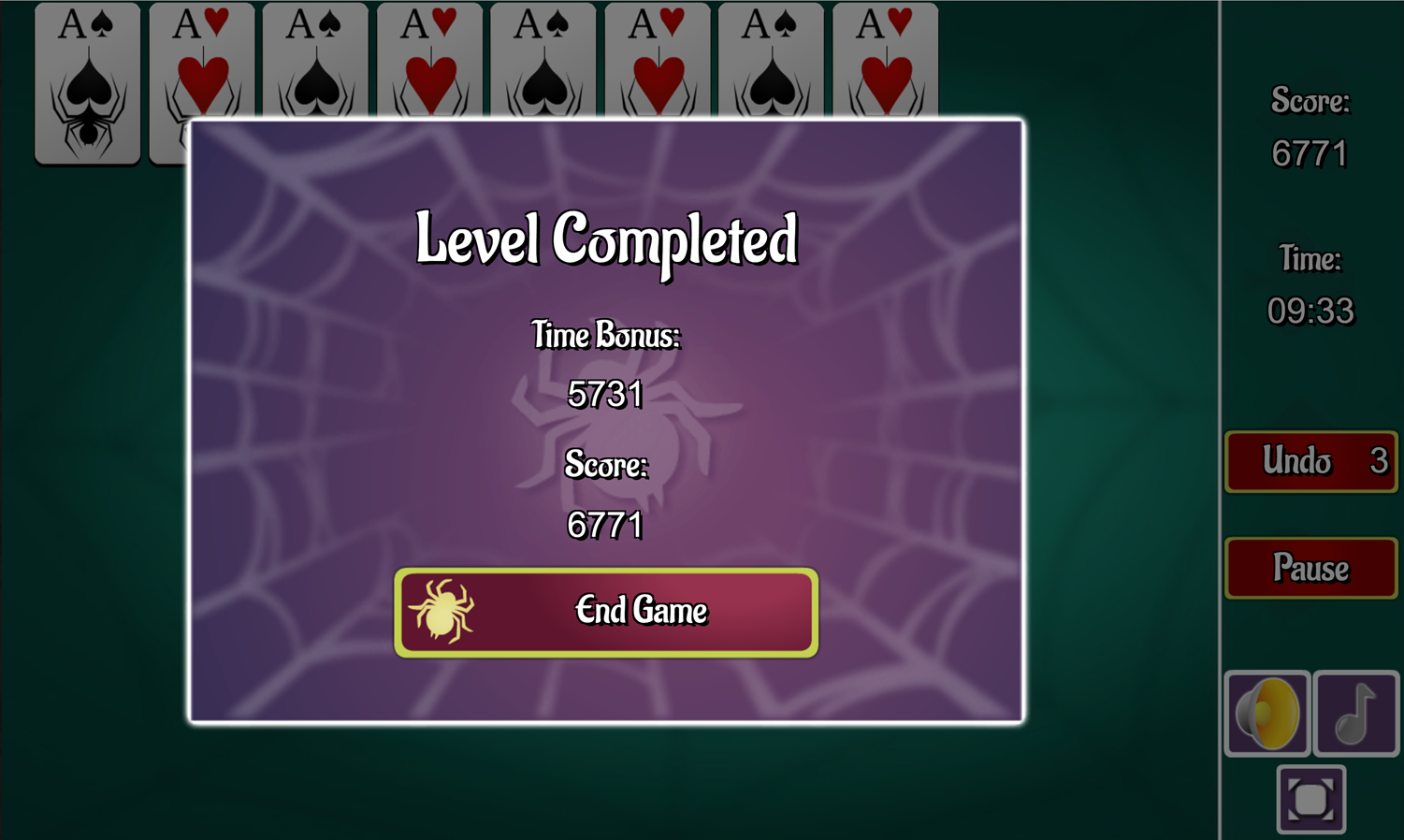2 Suits Spider Solitaire Game Beat Screen Screenshot.