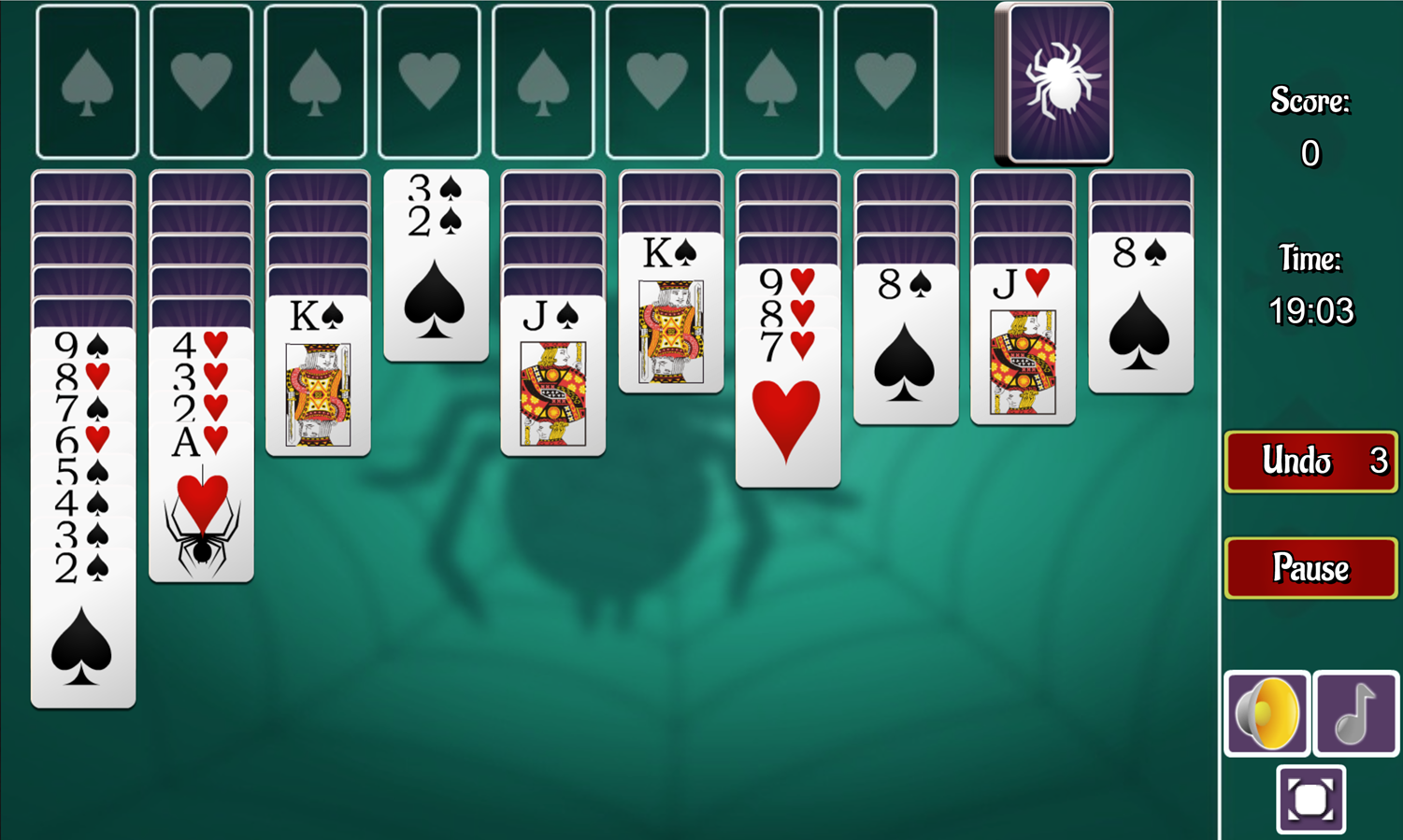 2 Suits Spider Solitaire Game Screenshot.