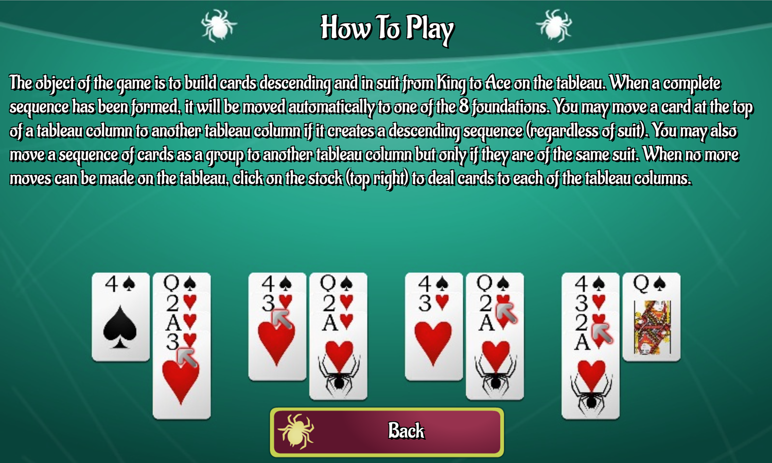 2 Suits Spider Solitaire Game Help Screen Screenshot.