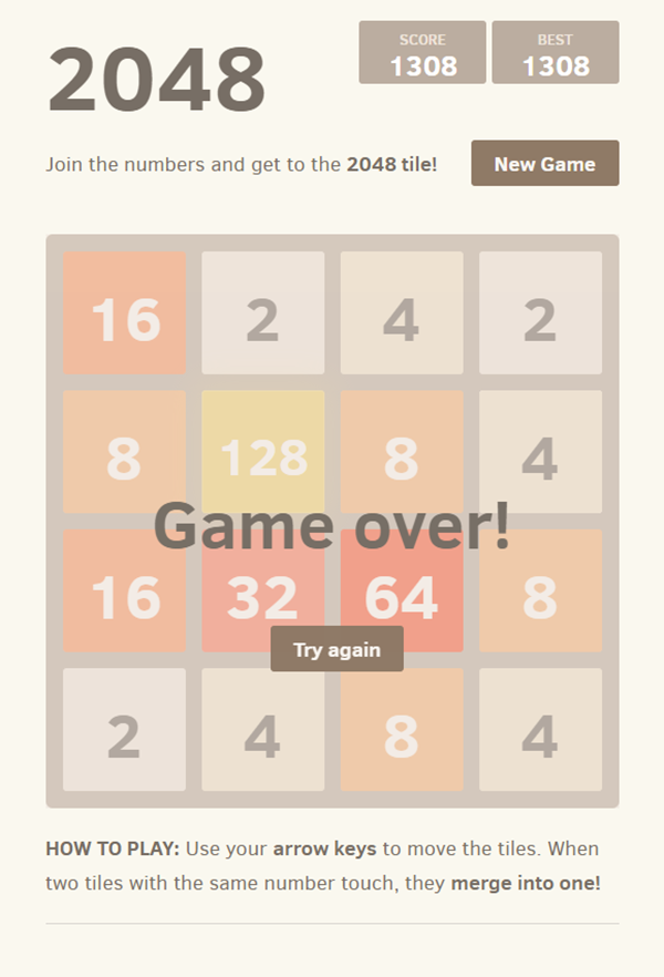 2048 Game Over Screenshot.