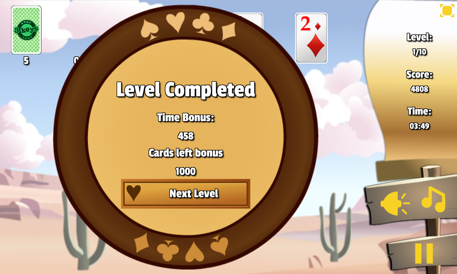 3 Keys Solitaire Game Level Completed Screen Screenshot.