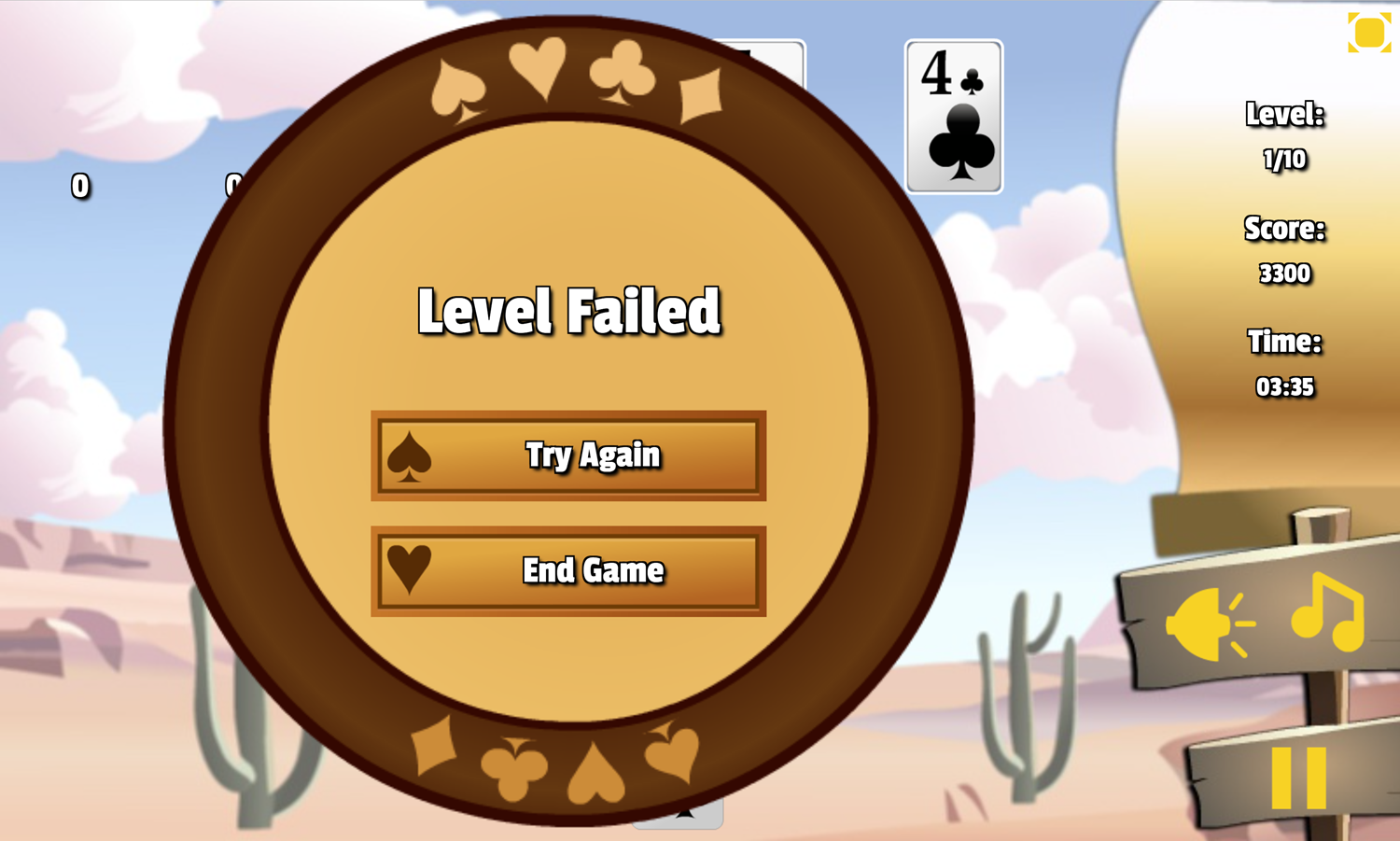 3 Keys Solitaire Game Level Failed Screen Screenshot.