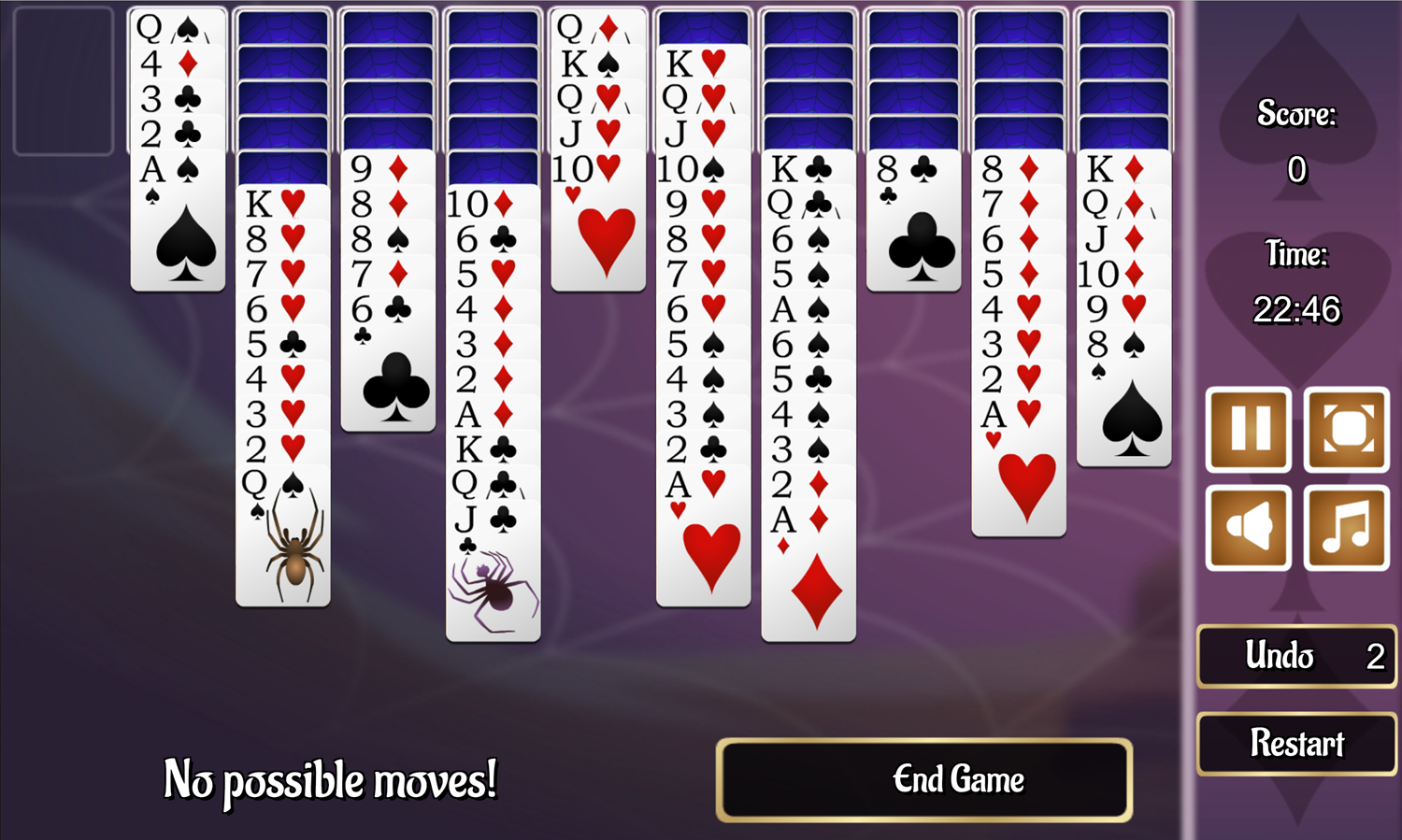 4 Suits Spider Solitaire Game Over Screen Screenshot.