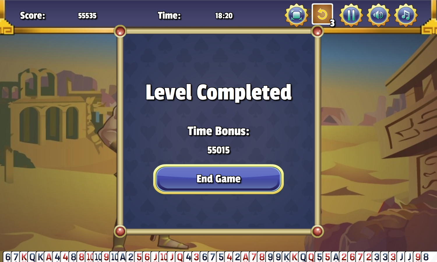 Achilles Solitaire Game Level Completed Screen Screenshot.