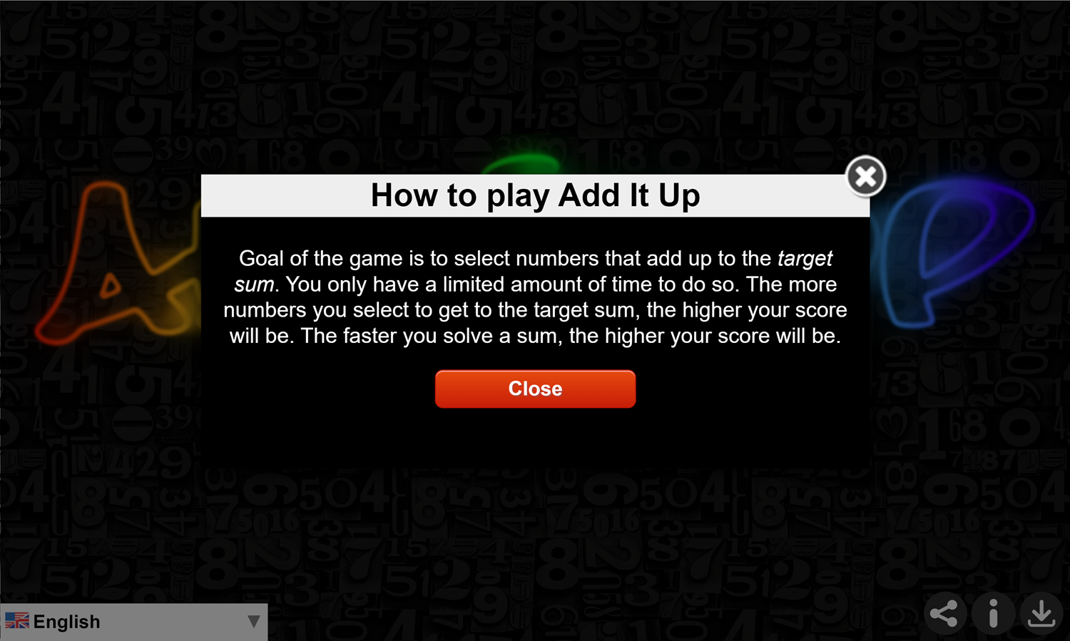 Add It Up Game How to Play Screen Screenshot.