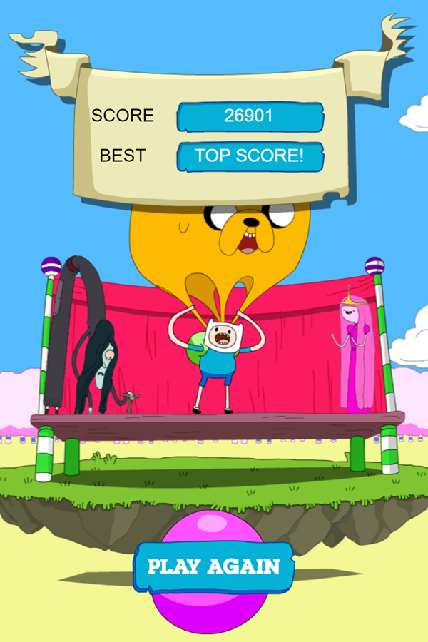 Adventure Time Candy Dive Game Over Screenshot.