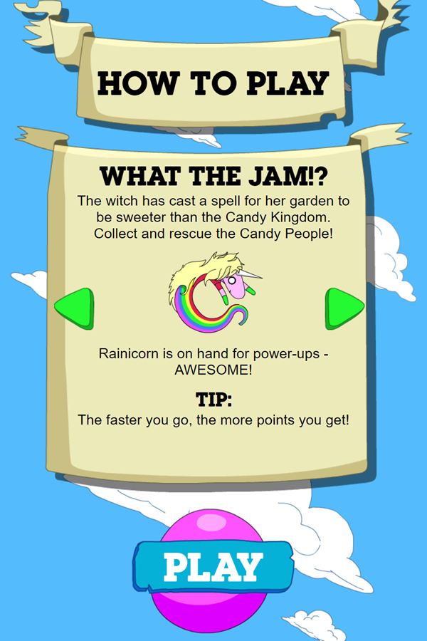 Adventure Time Candy Dive Game Rainicorn Instructions Screenshot.