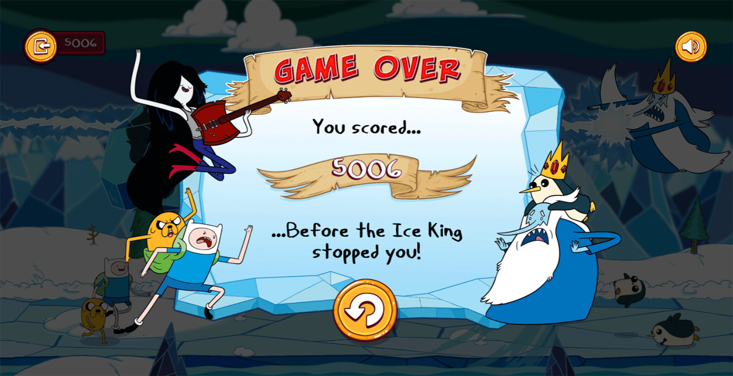 Adventure Time Mareceline's Ice Blast Game Over Screenshot.