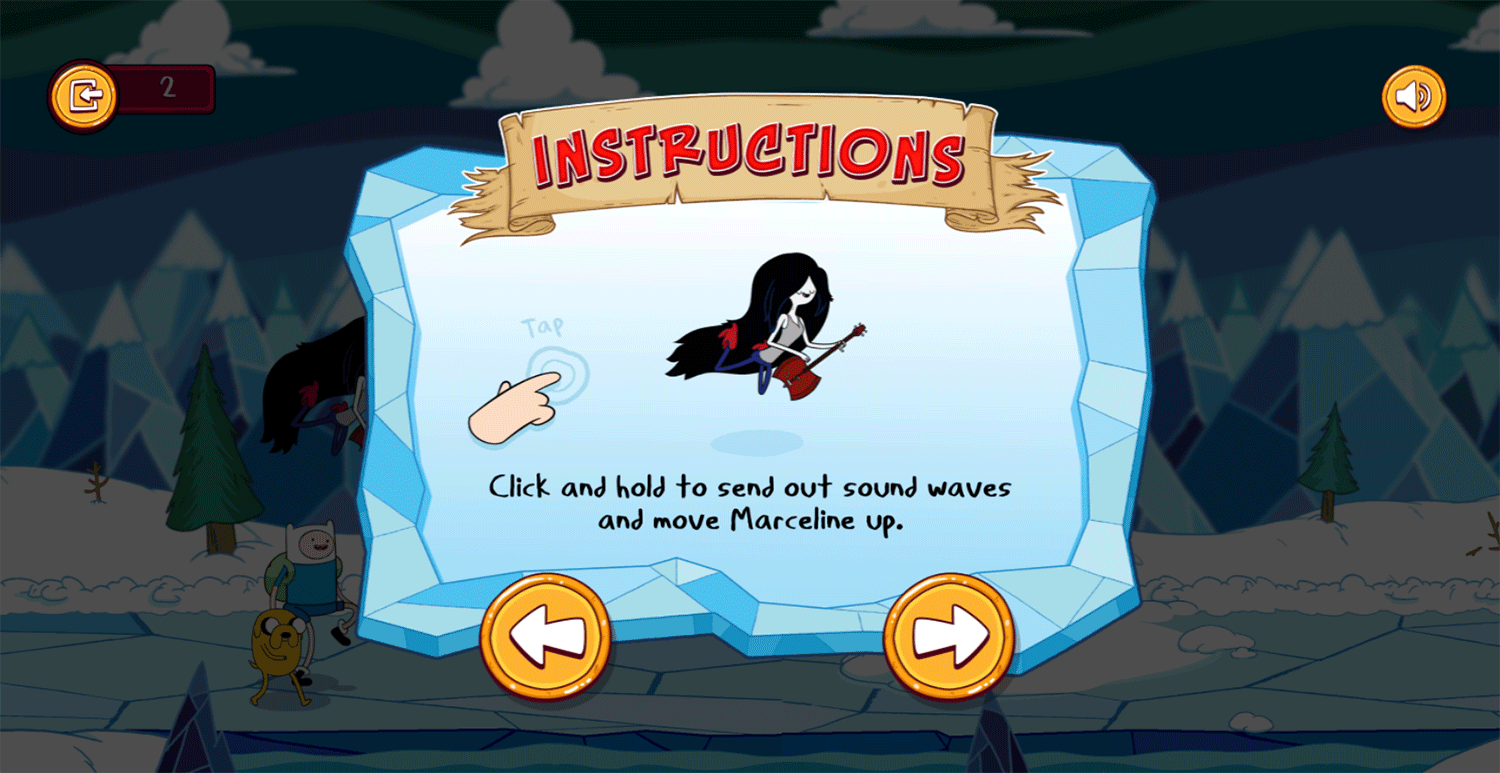 Adventure Time Mareceline's Ice Blast Game Instructions Screenshot.