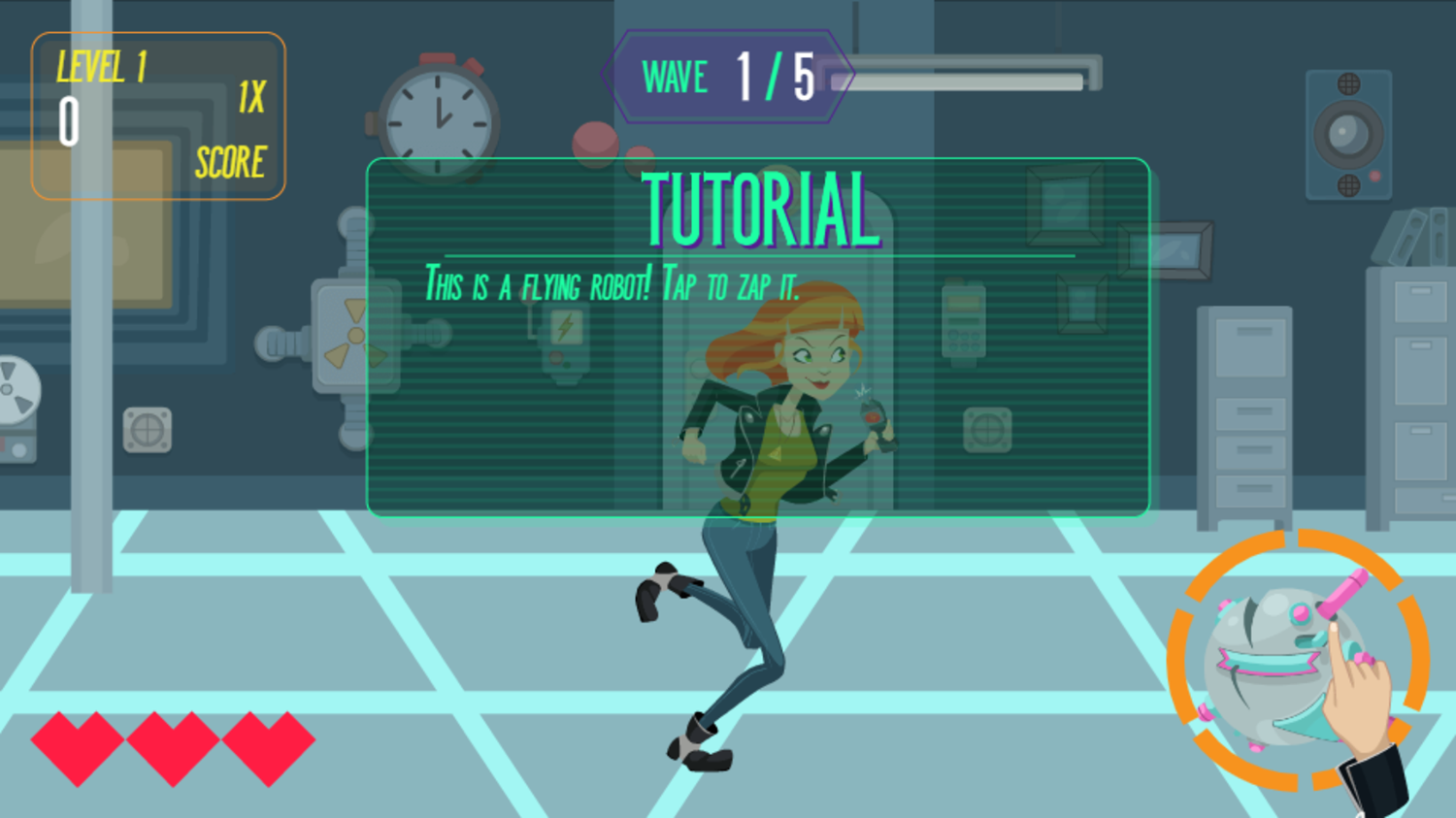 Agent Curiosa vs Rogue Robots Game Tutorial Screenshot.