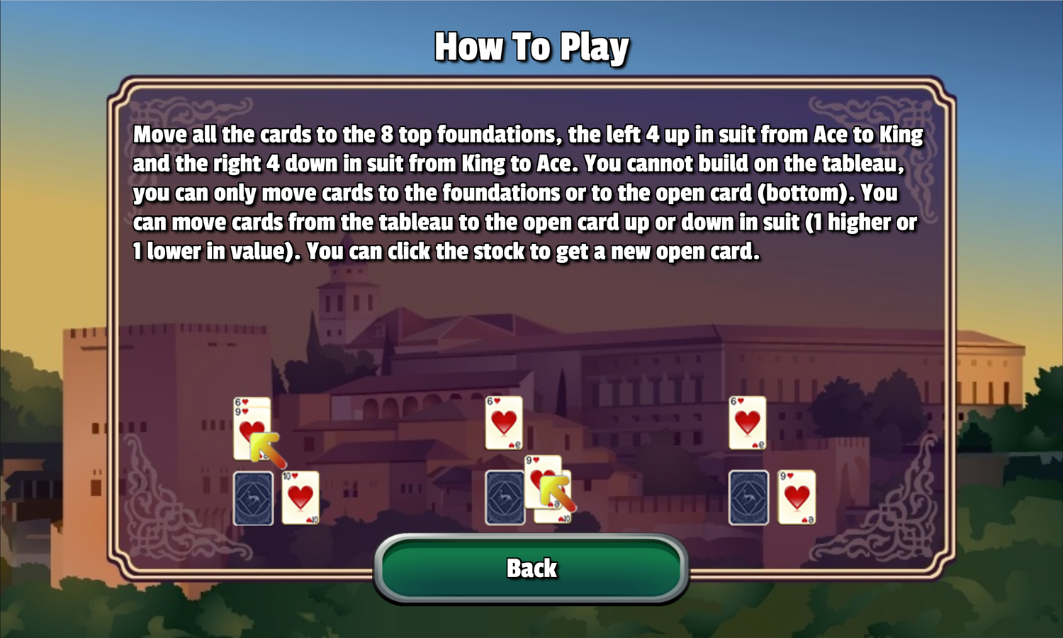 Alhambra Solitaire Game How to Play Screen Screenshot.