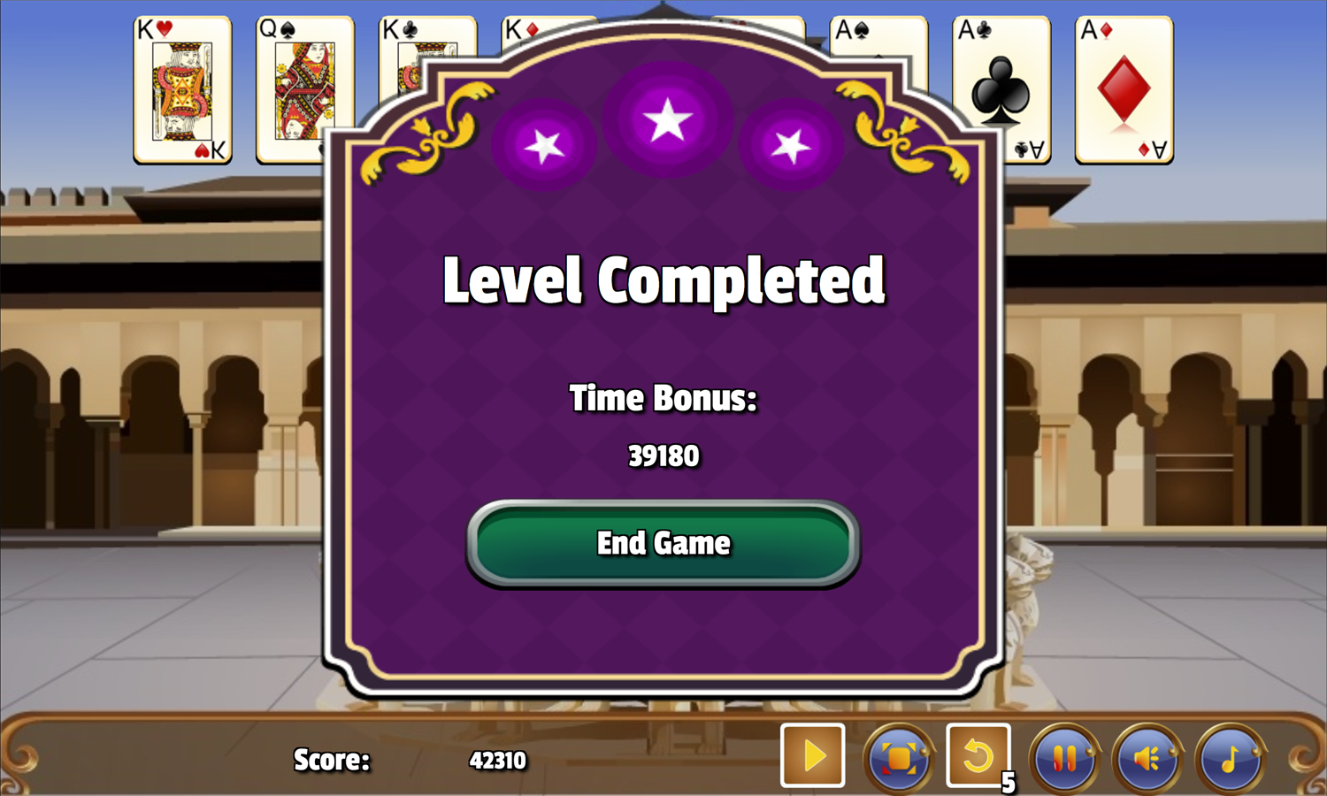 Alhambra Solitaire Game Level Completed Screen Screenshot.
