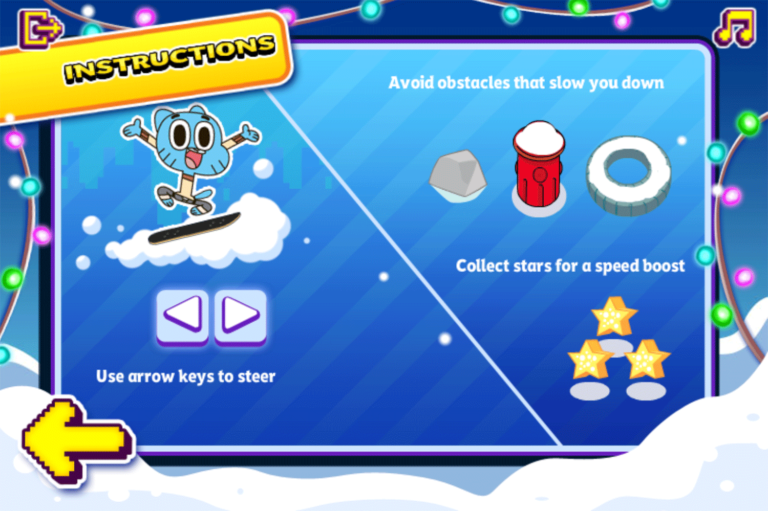 Amazing World of Gumball Downhill Dash Game Instructions Screenshot.