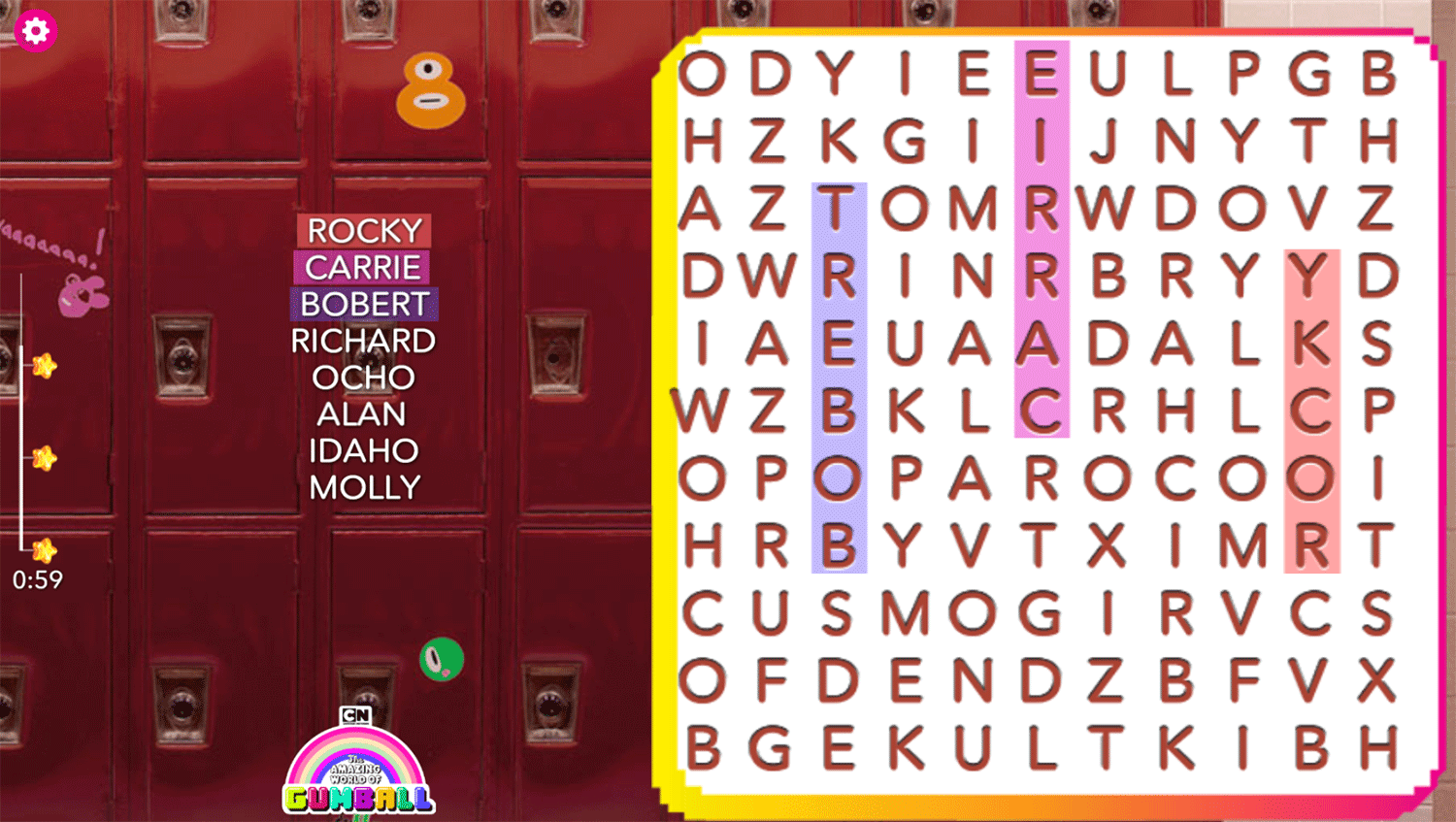 Amazing World of Gumball Word Search Game Screenshot.