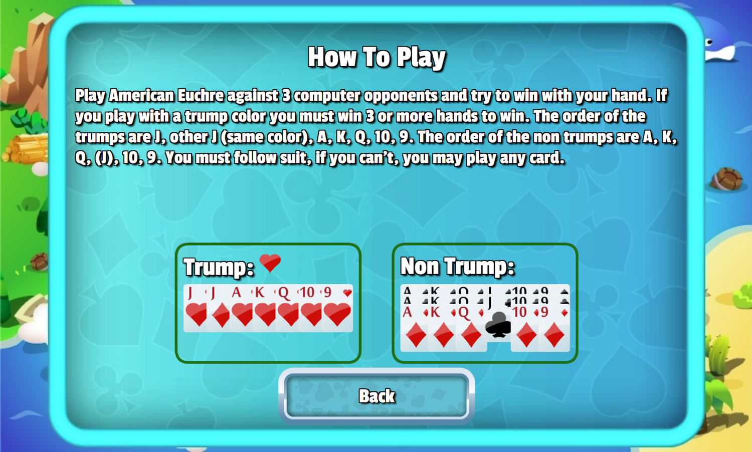 American Euchre Game Help Screen Screenshot.