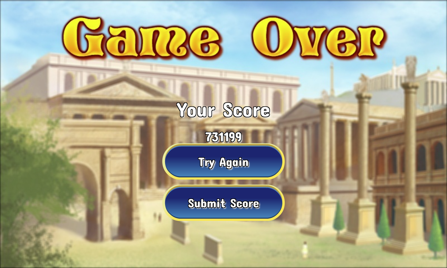 Ancient Rome Solitaire Game Over Screen Screenshot.