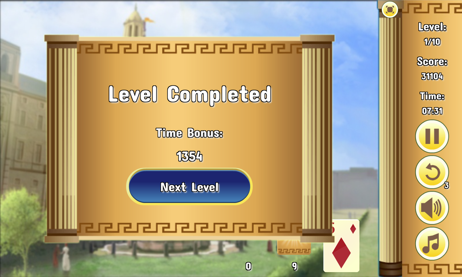 Ancient Rome Solitaire Game Level Completed Screen Screenshot.