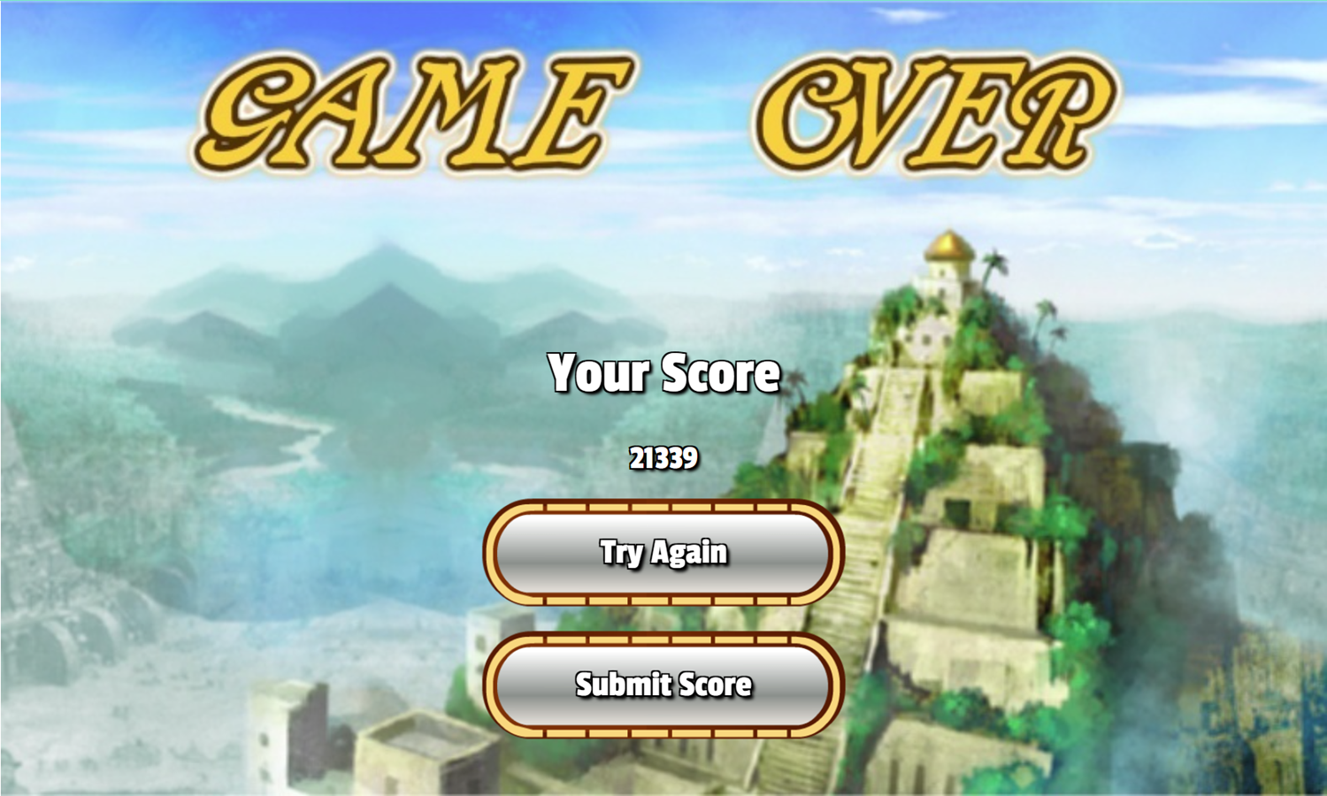 Ancient Wonders Solitaire Game Over Screen Screenshot.