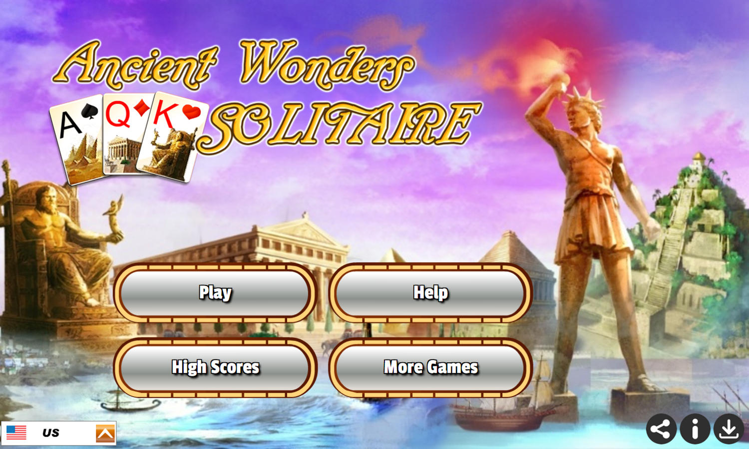 Ancient Wonders Solitaire Game Welcome Screen Screenshot.