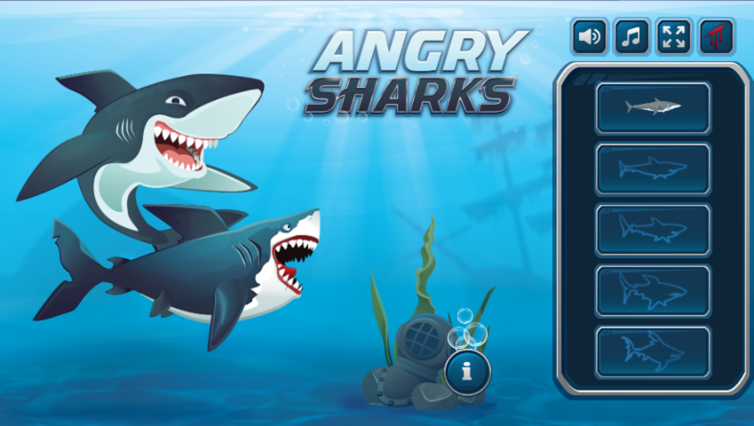 Angry Sharks Game Welcome Screen Screenshot.
