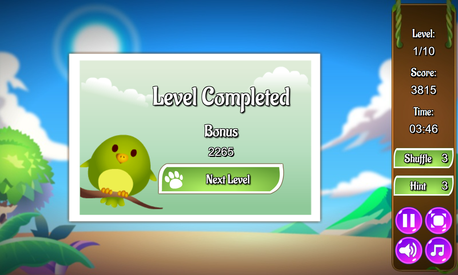 Animals Connect 3 Game Level Completed Screenshot.