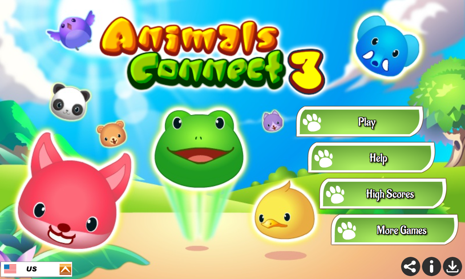 Animals Connect 3 Game Welcome Screen Screenshot.