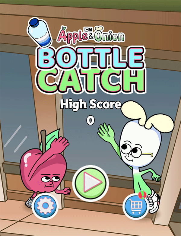 Apple & Onion Bottle Catch Game Welcome Screen Screenshot.