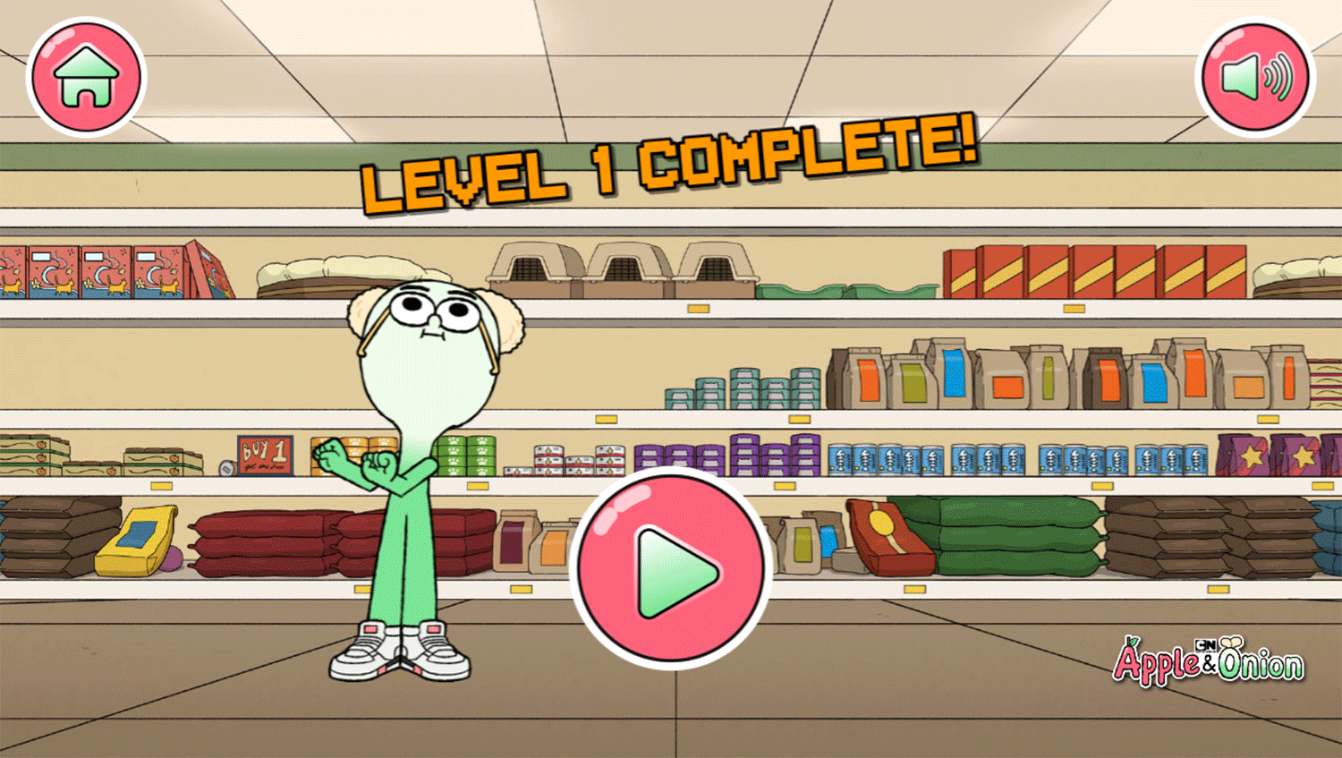 Apple & Onion Dollar Store Dash Game Level Complete Screenshot.