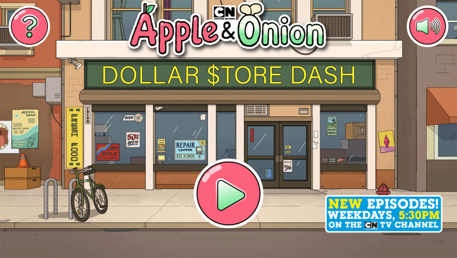 Apple & Onion Dollar Store Dash Game Welcome Screen Screenshot.
