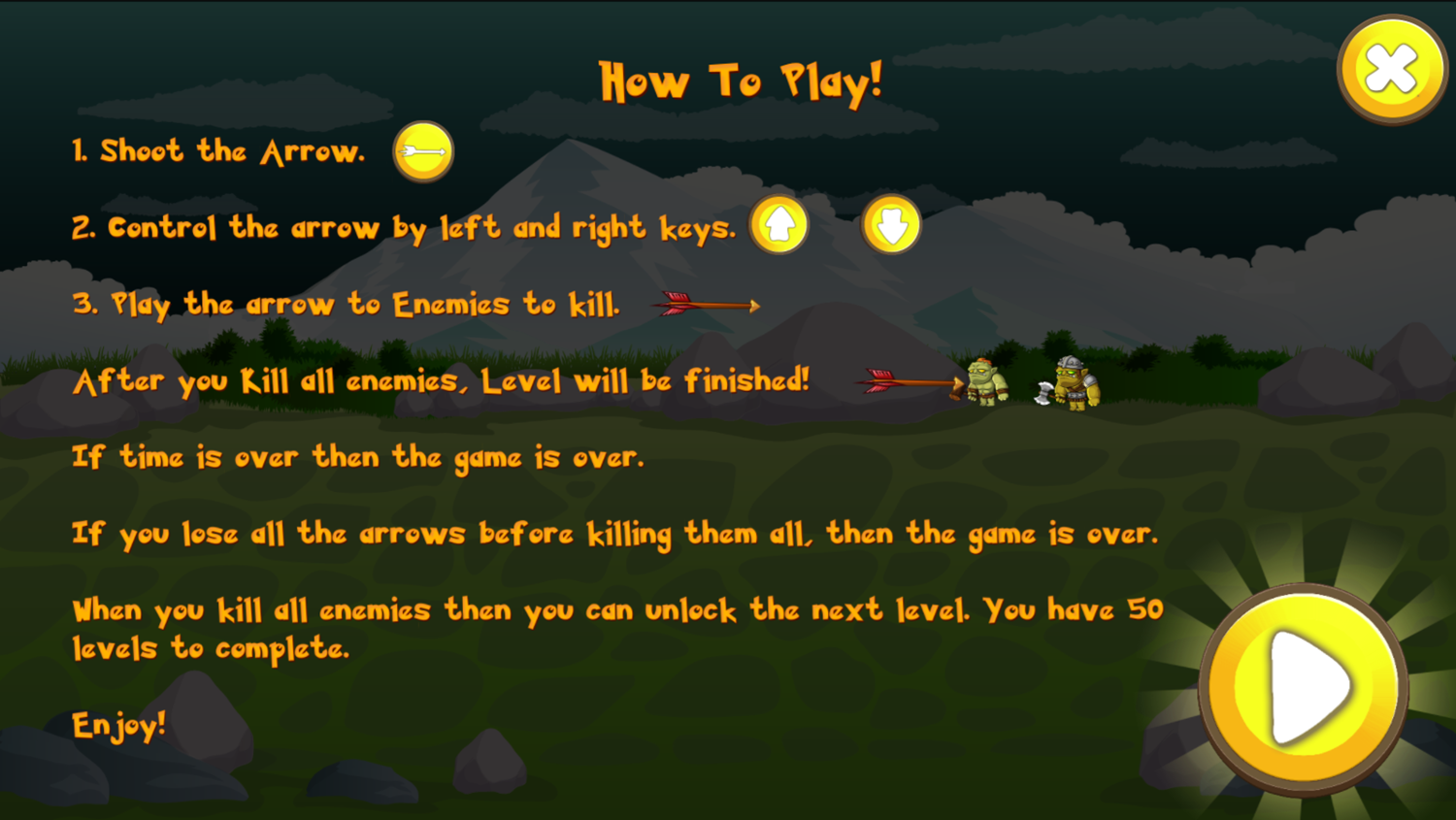 Arrow Shot Game Welcome Screen Screenshot.