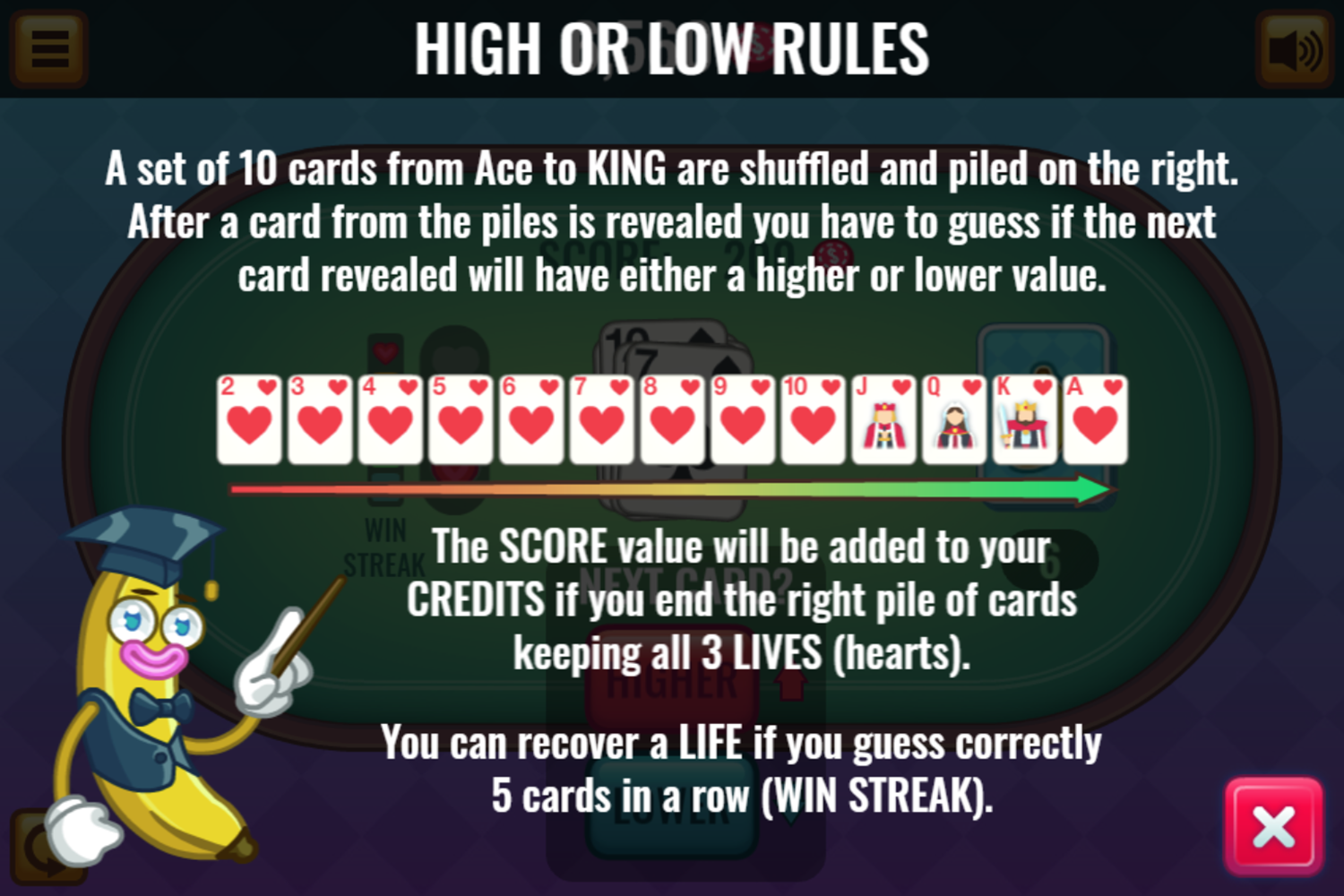 Banana Poker High or Low Rules Screenshot.
