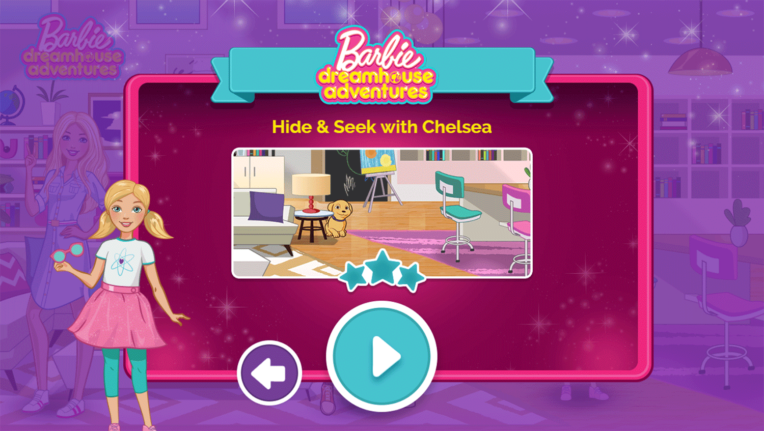 Barbie Dreamhouse Adventure Hide and Seek with Chelsea Game Welcome Screenshot.