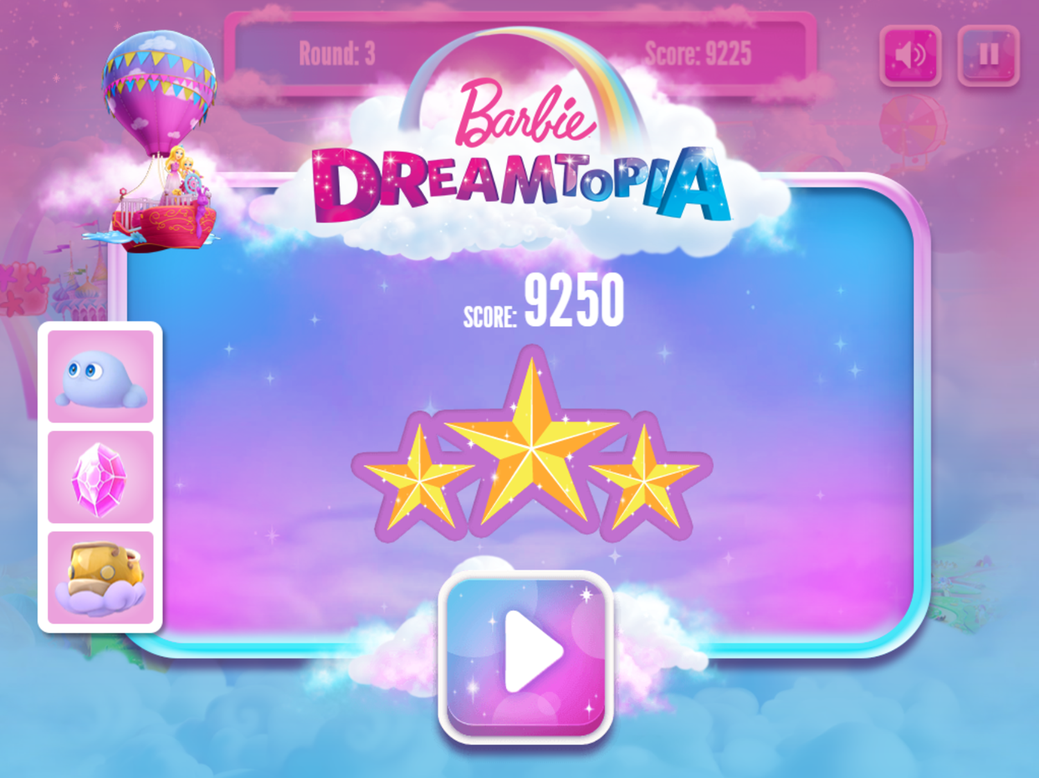 Barbie Dreamtopia Rainbow Cove Cloud Creations Game Over Screen Screenshot.