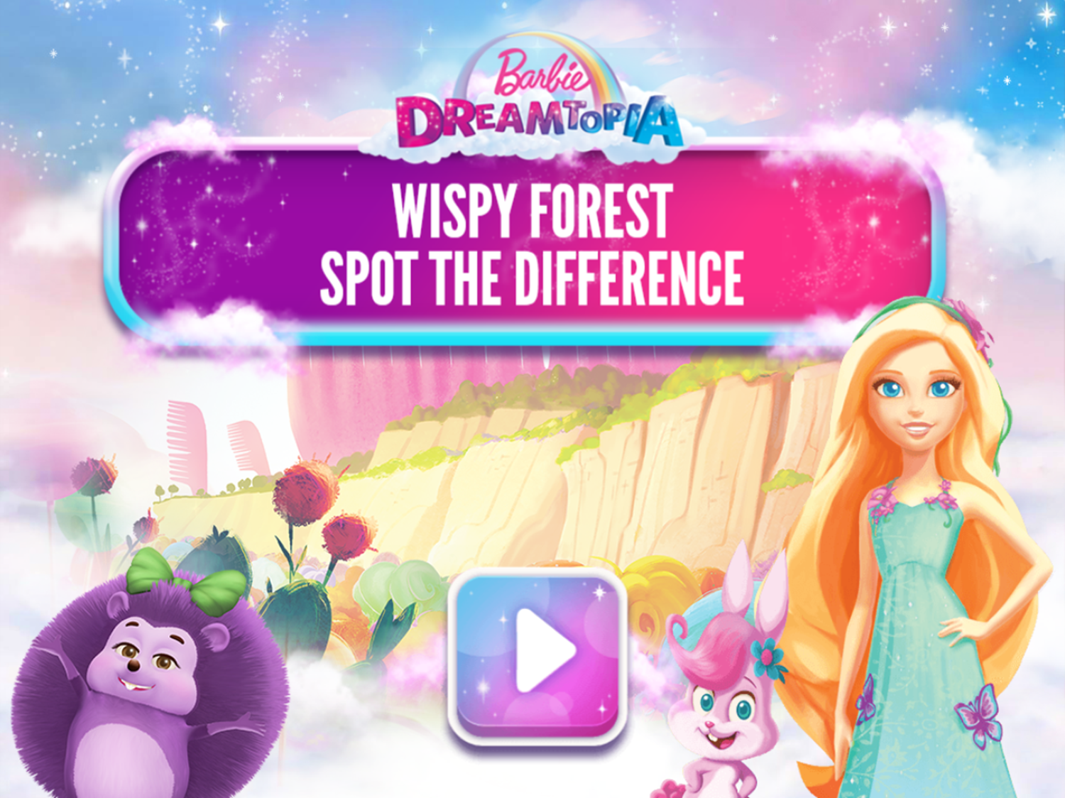 Barbie Wispy Forest Spot the Difference Game Welcome Screen Screenshot.