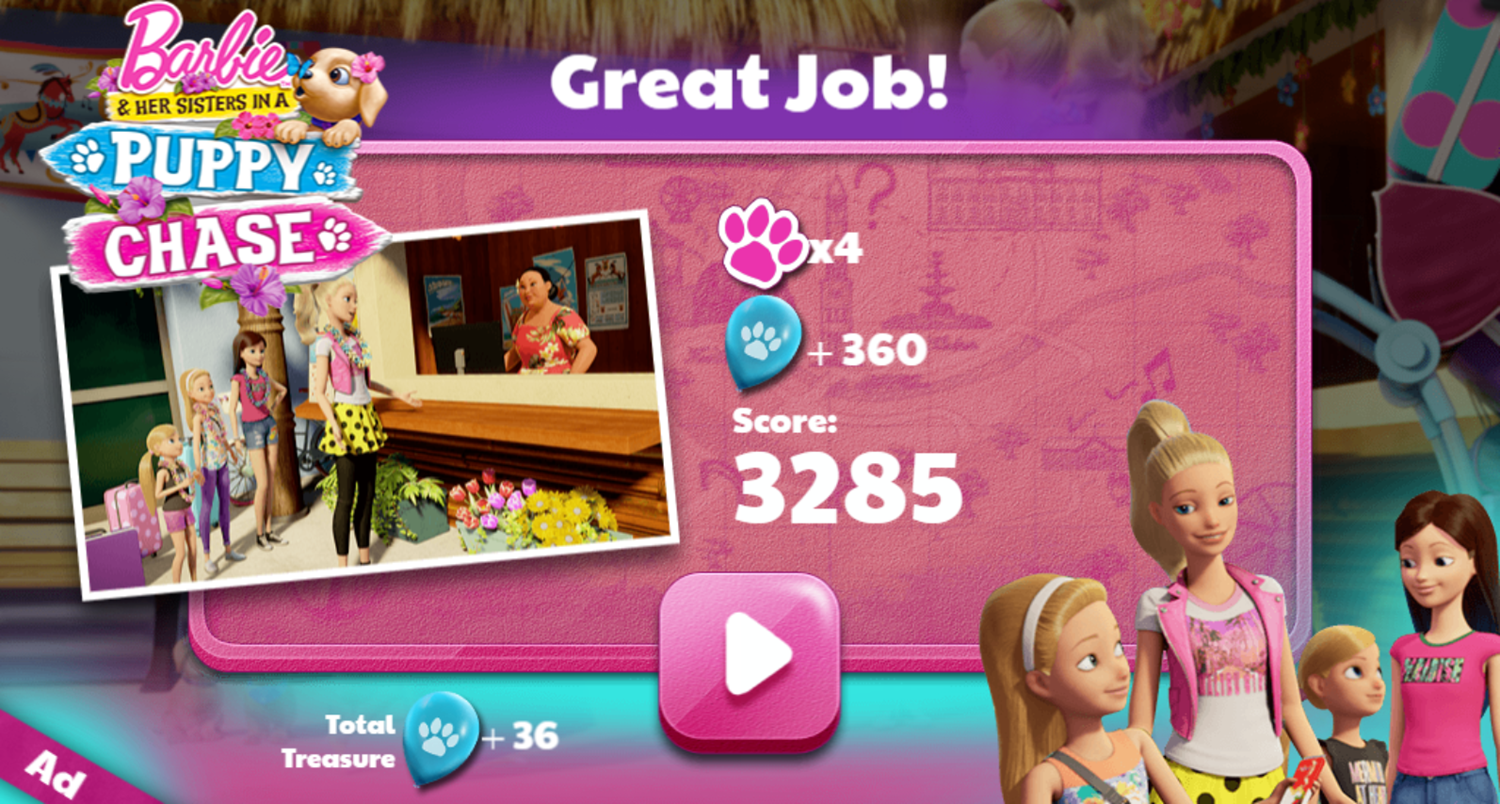 Barbie Great Puppy Treasure Hunt Game Final Score Screenshot.