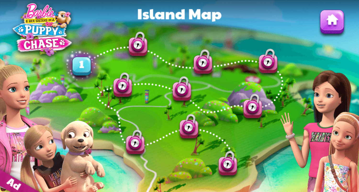 Barbie Great Puppy Treasure Hunt Game Level Select Screenshot.