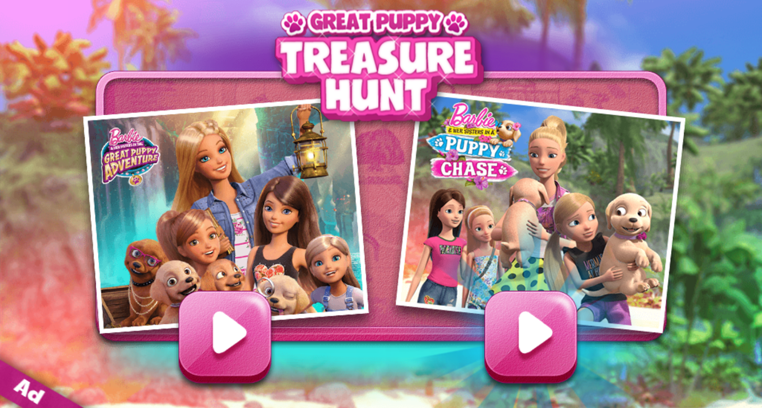 Barbie Great Puppy Treasure Hunt Game Welcome Screen Screenshot.