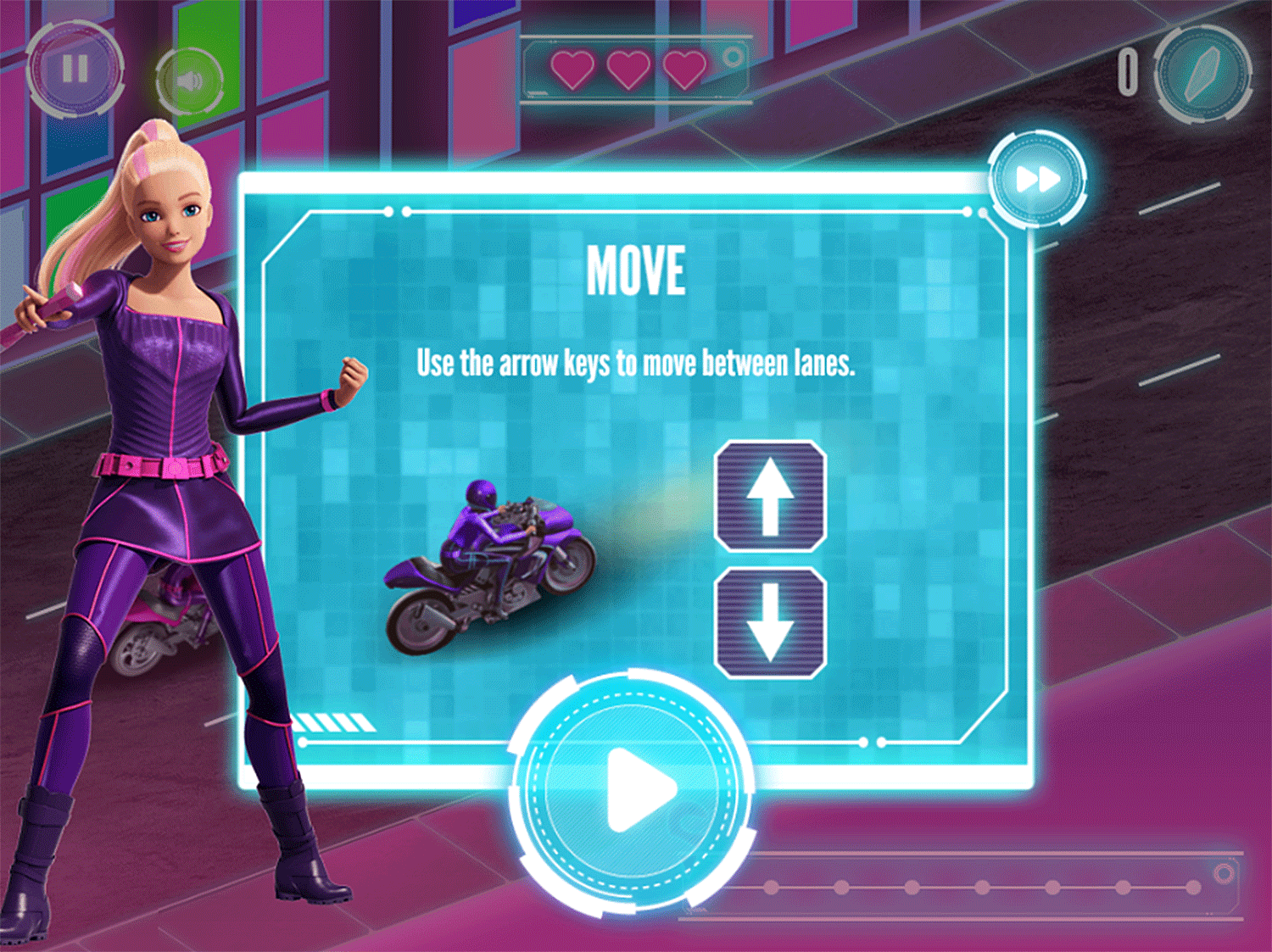 Barbie Spy Squad Academy Game Motorcycle Race Instruction Screenshot.