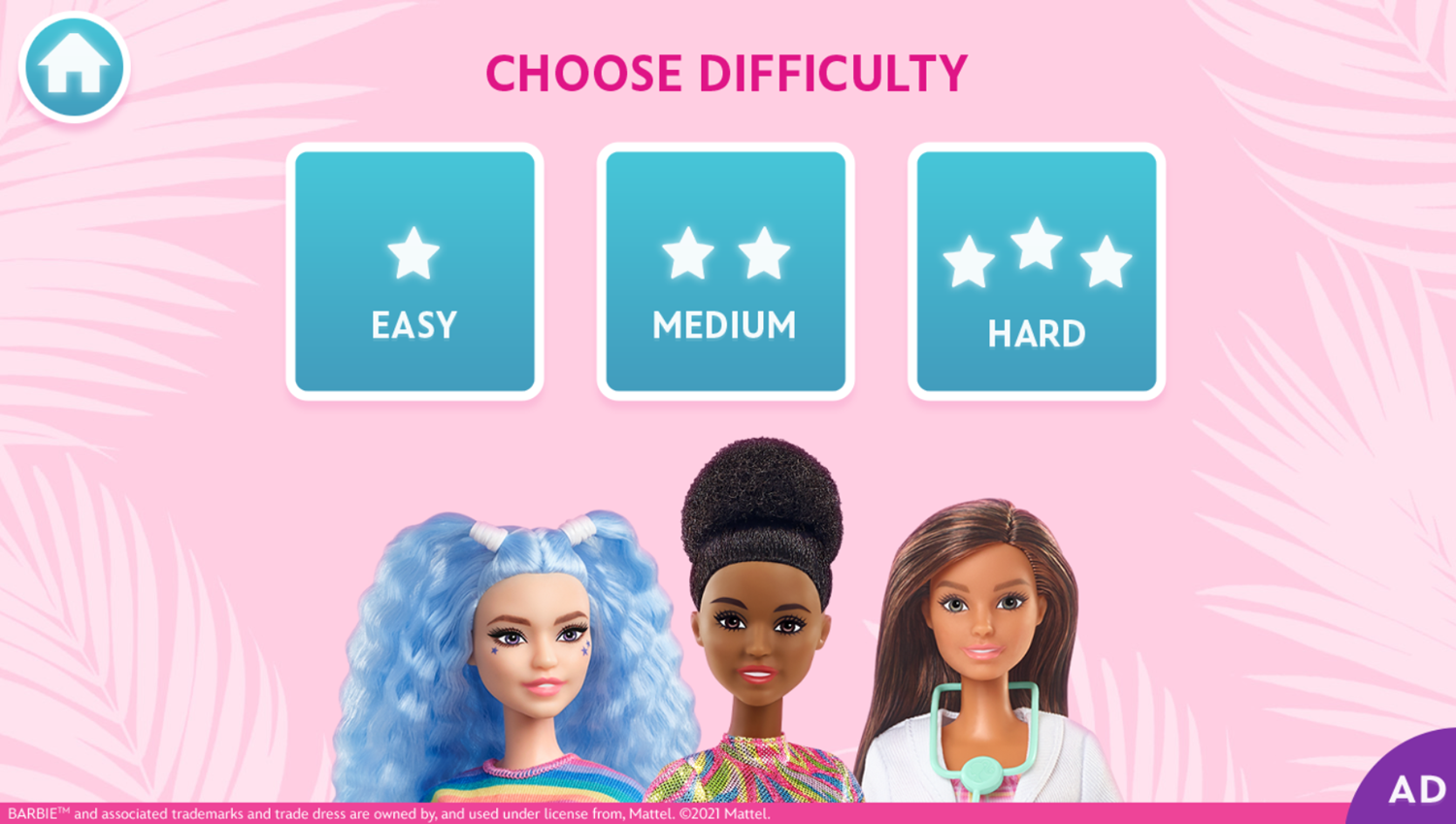 Barbie You Can Be Anything Matching Game Choose Difficulty Screenshot.