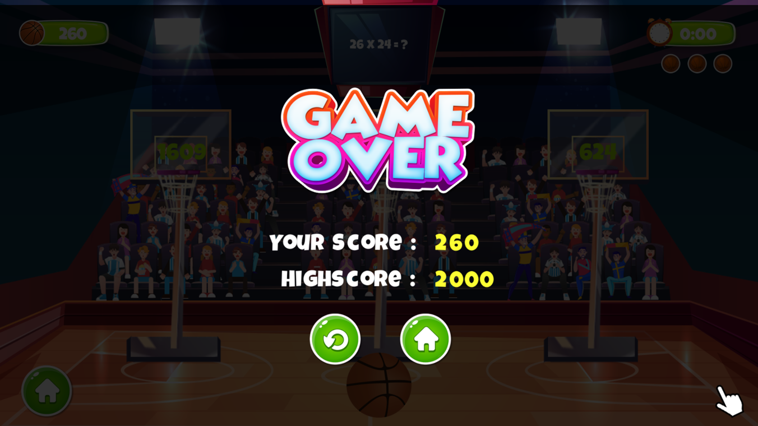 Basket Goal Math Game Over Screenshot.