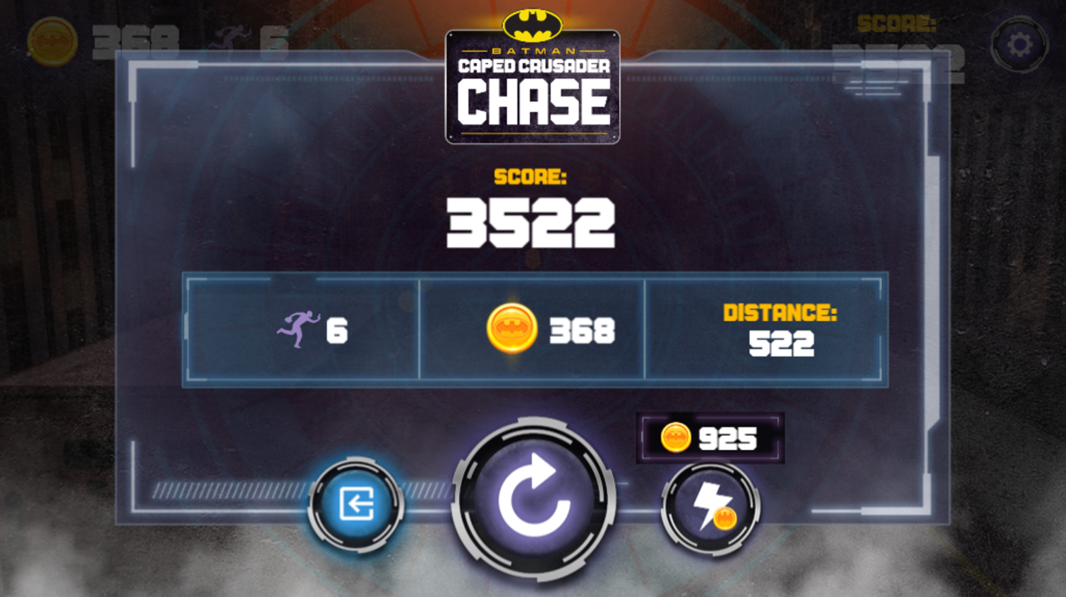 Batman Caped Crusader Chase Game Over Screenshot.