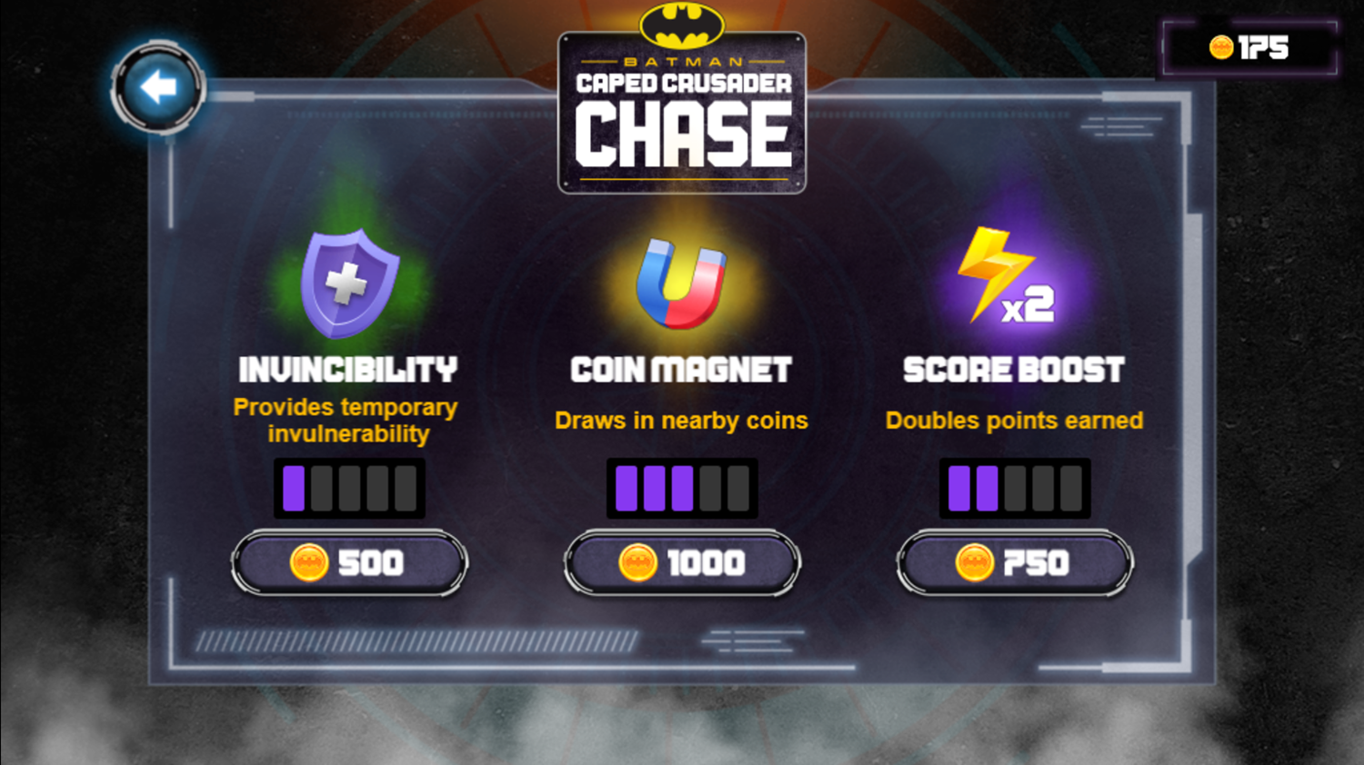 Batman Caped Crusader Chase Game Upgrades Screenshot.