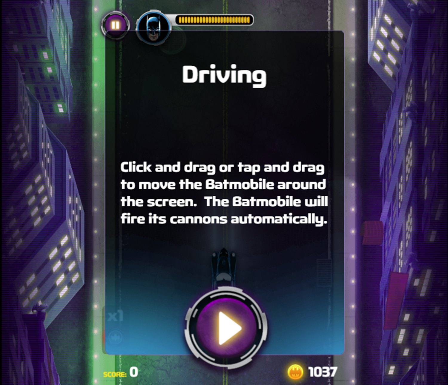 Batman Street Force Game Driving Instructions Screen Screenshot.