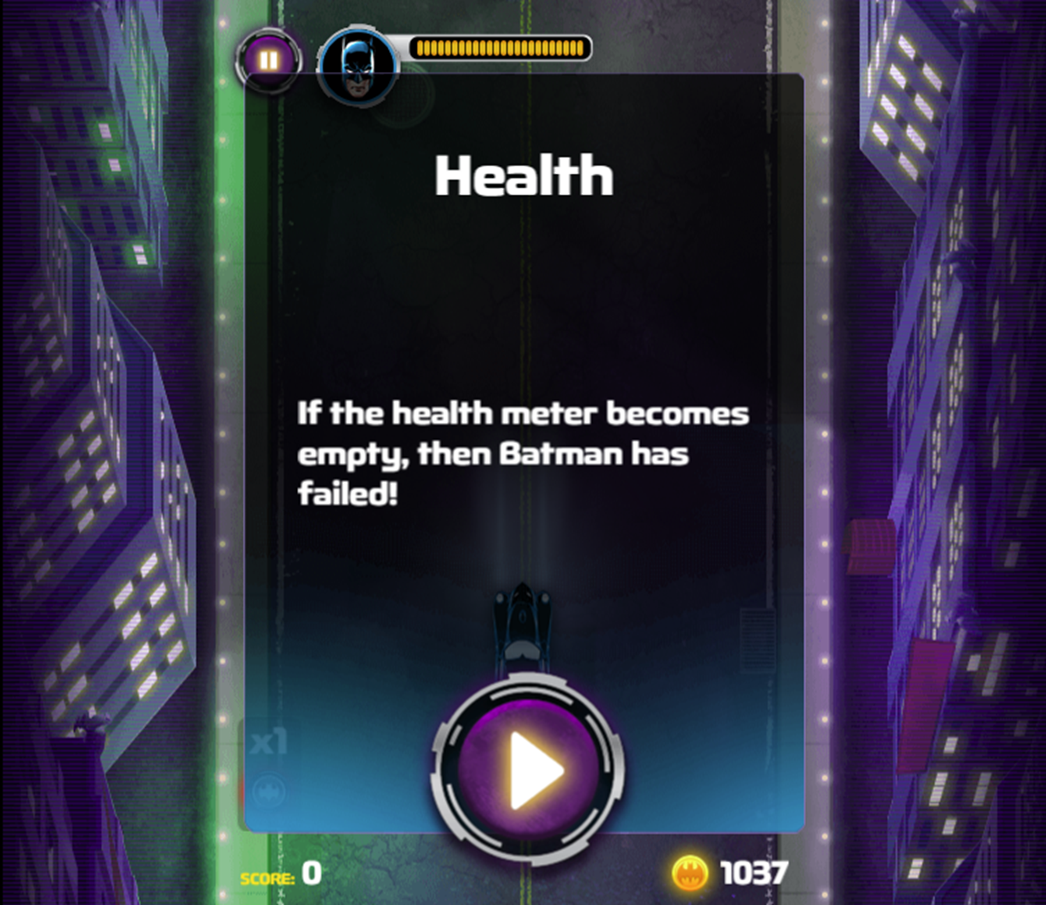 Batman Street Force Game Health Instructions Screen Screenshot.