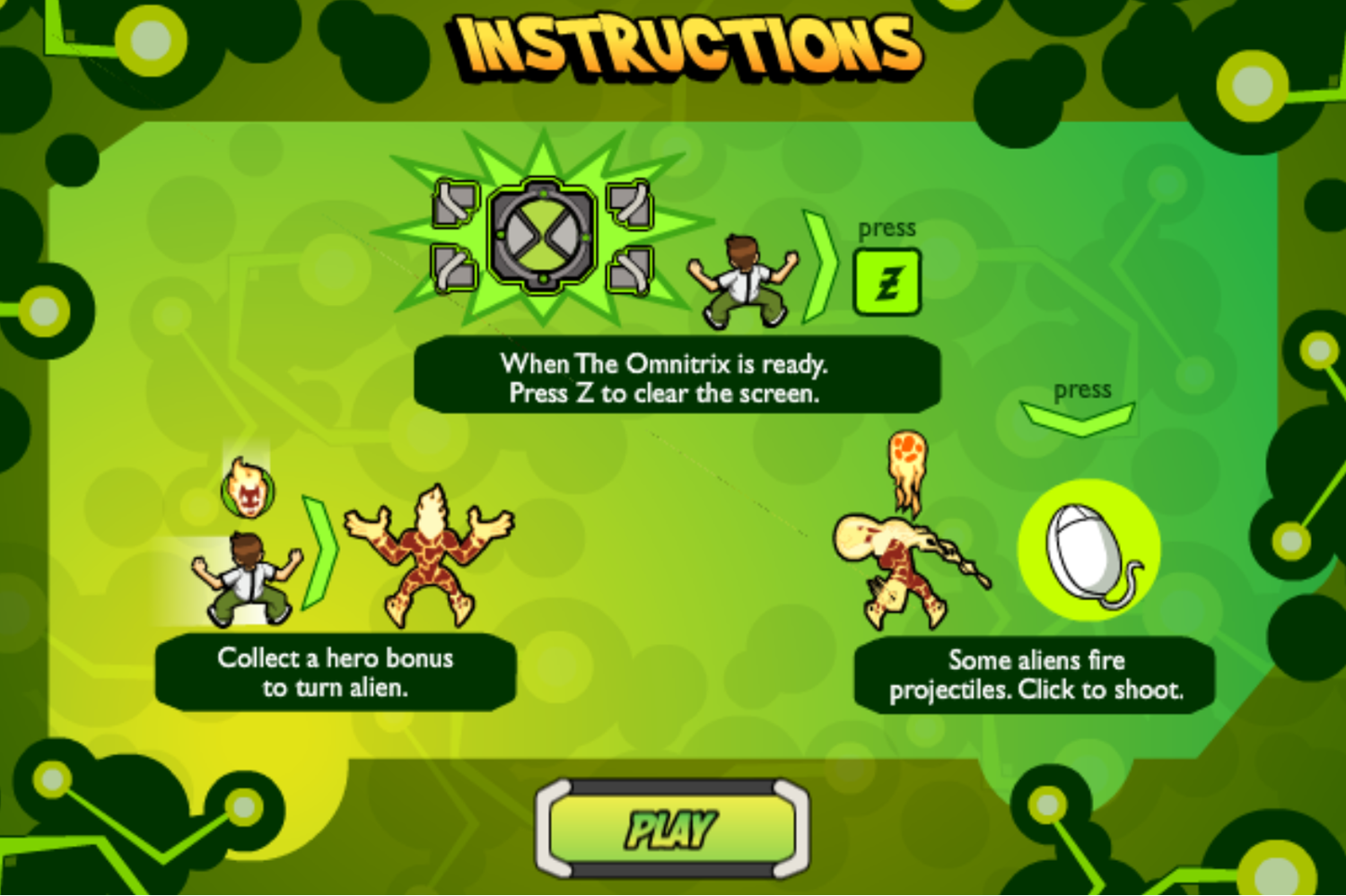 Ben 10 Blockade Blitz Game Instruction Screenshot.